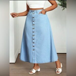 Woman Within Light Blue Button-Front Midi Skirt